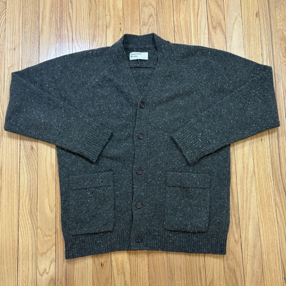Universal Works Men’s Size Large Wool Blend Cardigan Speckled Olive Green